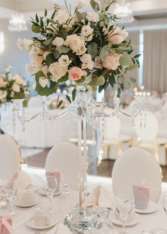 Tall 4 Arms Wedding Centerpiece Crystal Candelabra Centerpiece Top Flower Bowl for Table - Fino Decor
